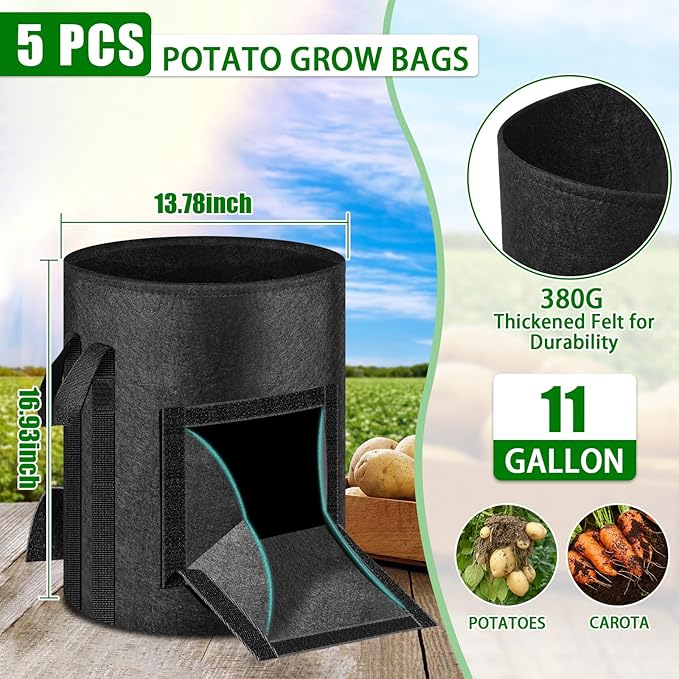 MJZ 5 Pack 10 Gallon Potato Grow Bags with Harvest Observation Windows, 380G Thickened Potato Bags for Growing Potatoes, Heavy Duty Nonwoven Fabric Garden Growing Containers to Grow Vegetable Tomatoes