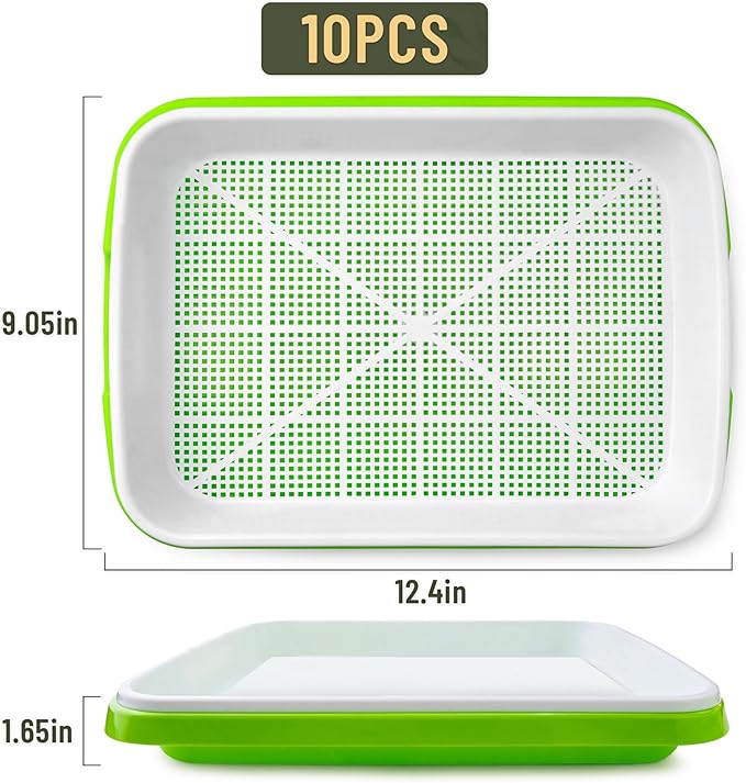 Pack 10 of Seed Sprouter Tray with Drain Holes,Seed Germination Trays Kit BPA Free Nursery Tray,Soil-Free Wheatgrass Tray Sprouter Microgreens Growing Kit (Green-10 Pack)