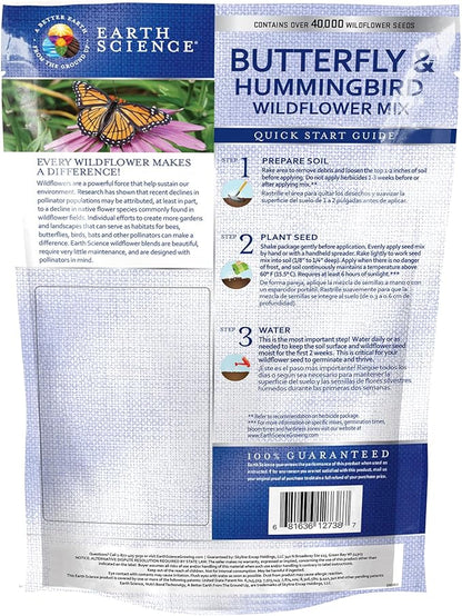 Earth Science Butterfly & Hummingbird Wildflower Seed Blend - 4oz - Premium Flower Seeds to Attract Bees, Butterflies, Hummingbirds & Native Pollinators - Non GMO