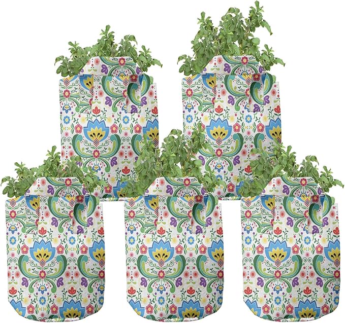 Ambesonne Tropical Grow Bags 5-Pack, Rainforest Foliage Striped, Heavyduty Fabric Pots with Handles for Plants, Teal Grey