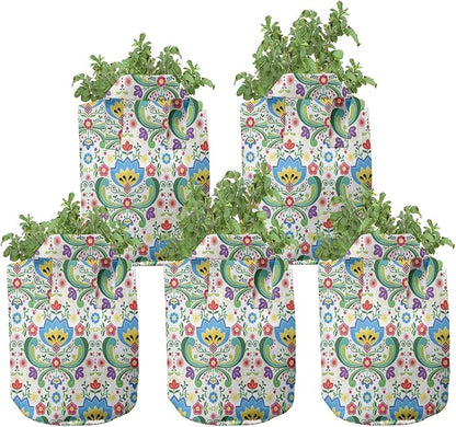 Ambesonne Tropical Grow Bags 5-Pack, Rainforest Foliage Striped, Heavyduty Fabric Pots with Handles for Plants, Teal Grey
