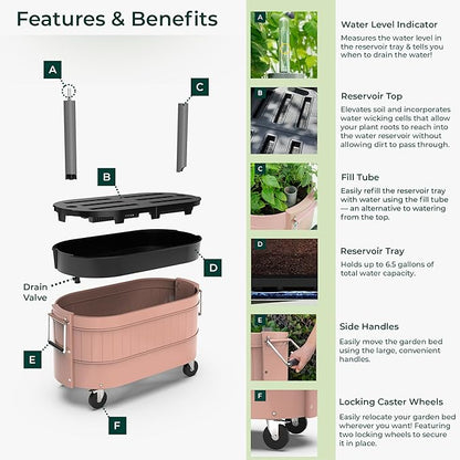 Permasteel Self-Watering Garden Bed, Rolling Planter for Vegetables, Flowers, Herbs, and Fruit, Outdoor Indoor, Caster Wheels, Pink