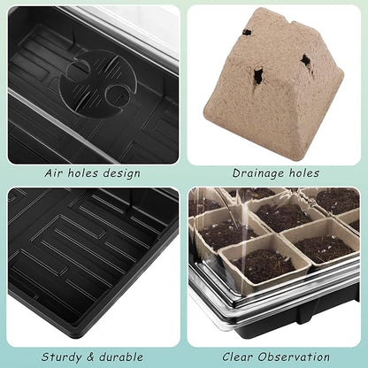 4 Pack Seed Starter Tray Kit, 120 Square Seed Peat Pots for Seedlings with Plants Labels, Planting Tools, Plastic Growing Germination Trays with Lids for Indoor Outdoor Gardening, Black