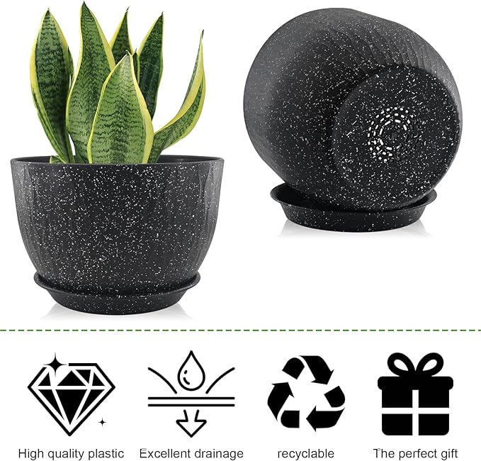 12/10/9 inch Plant Pots, 3 Pack Flower Pots for Outdoor Indoor Garden Plants, Large Planters with Multi Mesh Drainage Holes and Saucer (Speckled Black, 12"+10"+9")