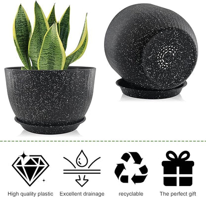 12/10/9 inch Plant Pots, 3 Pack Flower Pots for Outdoor Indoor Garden Plants, Large Planters with Multi Mesh Drainage Holes and Saucer (Speckled Black, 12"+10"+9")