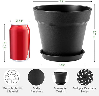 6 Pack Plastic Plant Pots with Drainage Holes and Tray, 7 inch Thickened Indoor Planters Seedlings Nursery Pots for Flowers, African Violet, Succulent and All House Plants, Black