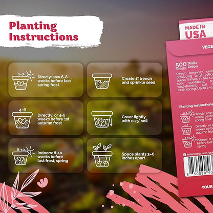 KVITER 500 Walla Walla Onion Seeds for Planting (Allium cepa) – Long Day Sweet Onions Gardening Seeds – Non GMO Heirloom Vegetable Seed Packets, Outdoor & Indoor Gardening, Home Garden, Raised Beds
