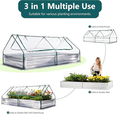 DUMOS Raised Garden Bed with Cover, 8x4x1ft Planter Box Outdoor for Deep-Rooted Herbs/Flowers/Vegetables, Extra Large Metal Garden Bed Mini Greenhouse for Patio, Balcony and Backyard, Silver