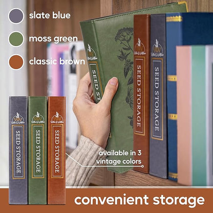 Willow and Wildflower Garden Seed Organizer Binder, Seed Storage Organizer, Garden Binder Book for Packet Storage Catalog Can Store 120 Packets with Dibber and Widger (Classic Brown)