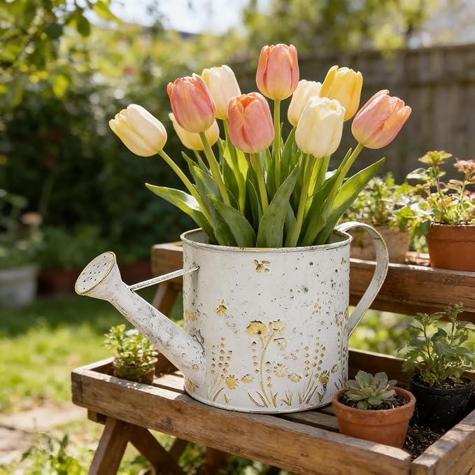 Vintage Metal Watering Can Planter with Embossed Floral - Distressed White Decorative Watering Pot for Indoor/Outdoor Flowers, Succulents & Herbs, Rustic Home Decor Accent