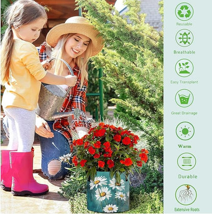 10 Gallon Art White Daisy Flowers Turquoise Grow Bag Heavy Duty Thickened Plant Pot Containers with Handles for Potato Tomato Flowers Fruits Vegetables