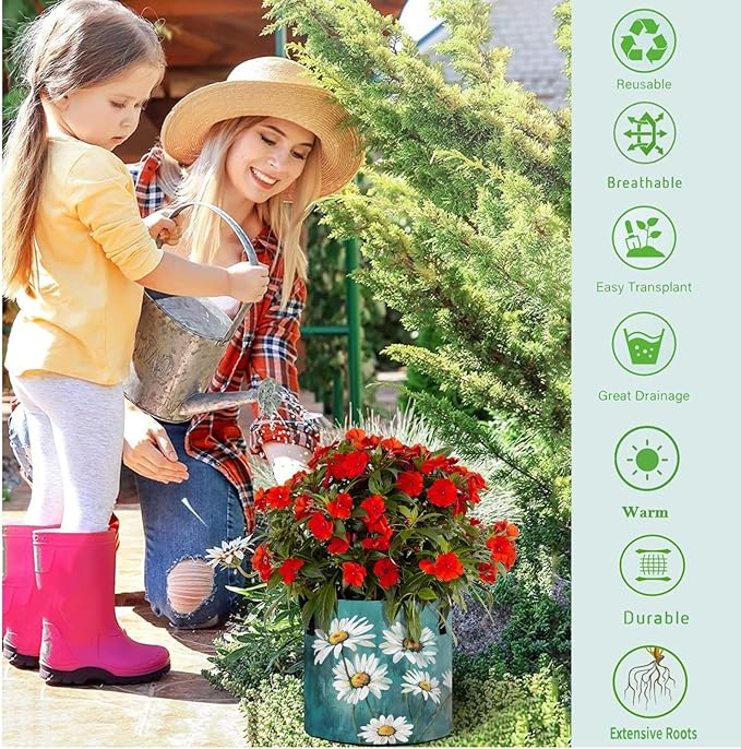 5 Gallon Art White Daisy Flowers Turquoise Grow Bag Heavy Duty Thickened Plant Pot Containers with Handles for Potato Tomato Flowers Fruits Vegetables