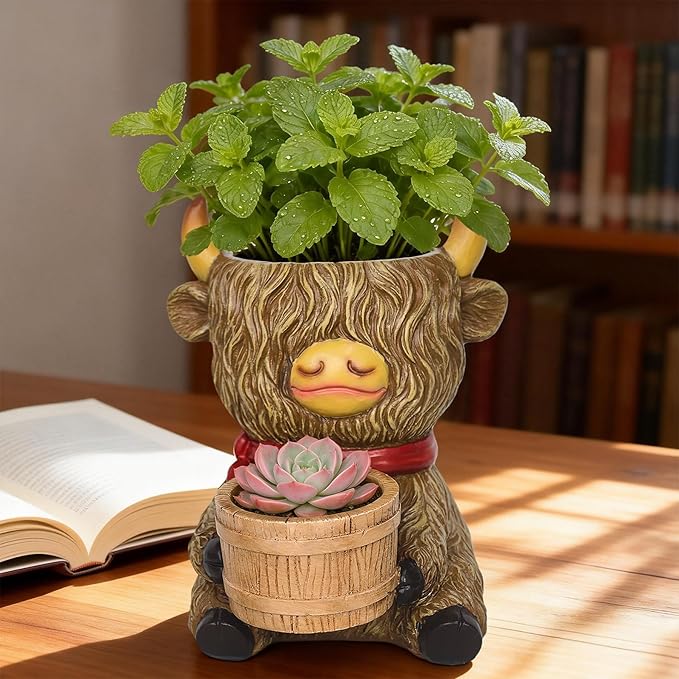 Highland Cow Succulent Planter Decor - Cute Resin Flower Pot for Indoor Plants(Drainage Hole and 2 Pots), Home Desk Decor, Best Gift for Plant Lovers, Garden Backyard Cow Stuff Statue, 6.5”H x 5.5”W