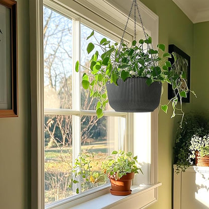 T4U 12 Inch Large Hanging Planters for Outdoor Plants, 2 Pack Self Watering Pots Indoor, Hanging Baskets for Plants,Hanging Flower Pot with Drainage Hole and Plant Hanger, Grey