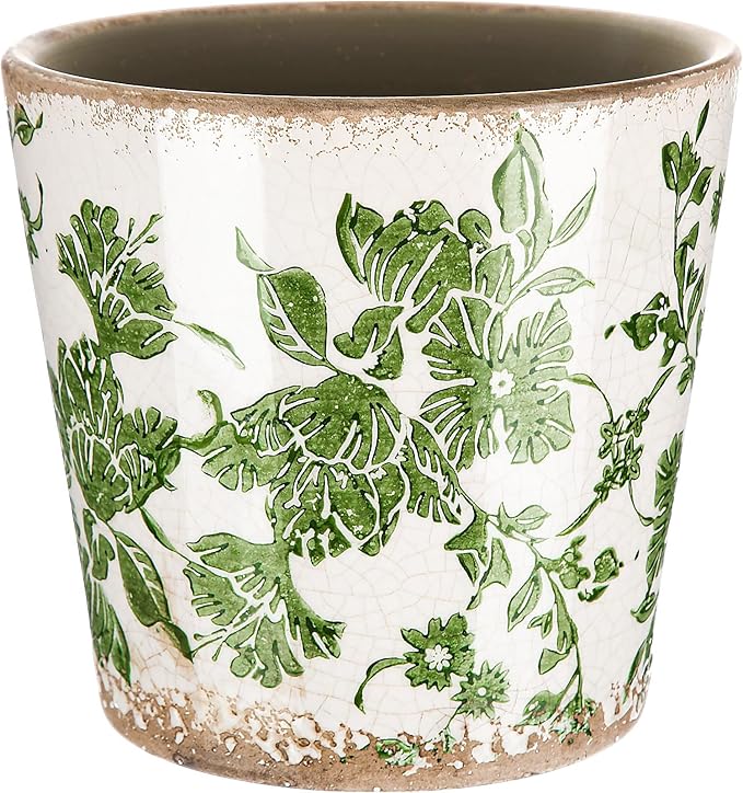 Farmhouse Ceramic Planter 5.1 Inch Large Plants Pot Crack Beige Green Floral Vine Plant Pots with Drainage Hole Indoor Plants Kitchen Rustic Antique Decor Gift