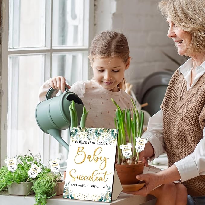 51 Pcs Watch Baby Grow Succulent Tags Baby Shower Party Favors Include 1 Piece Wooden Table Sign 50 Sets Succulent Favor Tags Decorations(Greenery Style)