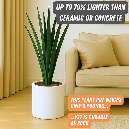 Fox & Fern 10 Inch Plant Pot with Drainage Plug — Premium Lightweight Fiberstone Glossy White Planter - Indoor & Outdoor Planter - 10 Inch Pots for Plants - Weather Resistant & UV Resistant