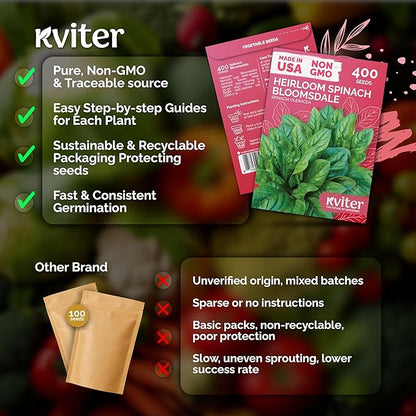 KVITER 400 Bloomsdale Spinach Seeds (Spinacia oleracea) — Non-GMO & Heirloom, Heat Tolerant, Cut and Come Again — Spinach Organic Vegetable Seeds for Planting in Outdoor & Indoor Garden, Containers