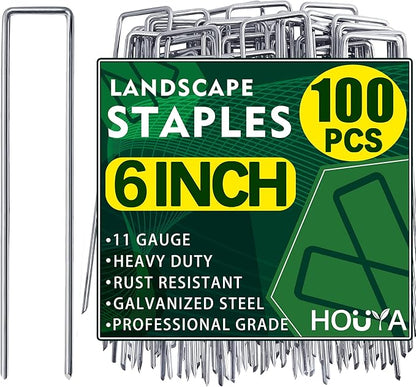 100 PCS Landscape Staples 6 Inch Galvanized Garden Stakes Garden Staples Pins Anti-Rust Ground Stakes for Weed Barrier, Irrigation Hose, Yard Lawn SOD, Landscape Fabric, Decor 6"L x1.2"W 100pcs