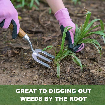 Garden Hand Fork, Hand Weeding Fork with Sharp Tine for Easy Uprooting Large Weeds, Stainless Steel Garden Fork, Comfortable Grip Wood Handle Hand Fork for Fast Weeding, Loosening Soil and Composting