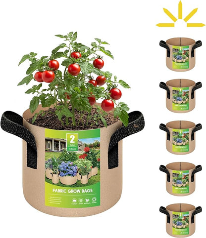 iPower 5 Pack 2 Gallon Grow Bags Heavy Duty 300G Thickened Nonwoven Fabric Plant Pots with 5 Labels & Handles for Outdoor Garden, Aeration Planter Bags for Fruits, Vegetables, Tomato & Flowers, Tan