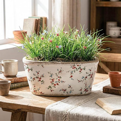 8.6" Large Vintage Ceramic Planter Ice Cracked Farmhouse Rectangle Pots with Drainage Hole Pots for Indoor Outdoor Plants Home Kitchen Windowsill Office Shelf Rustic Decor Gift(Wildflower)