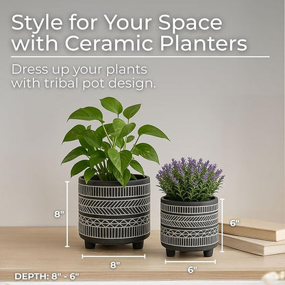 Set of 2 Tribal Look Footed Decorative Planter Pot – Ceramic Stoneware Outdoor and Indoor Plant Pot – Modern Garden and Home Decor Planters – 6" and 8", Black