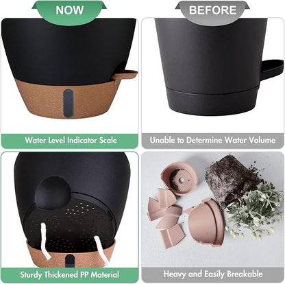 montresor 5-Pack Self-Watering Plastic Plant Pots 5/5.5/6/6.5/7 Inch– Black Indoor Flower Pots with Wick & Water Tray for Herbs, Succulents, Seedlings, Small Plants