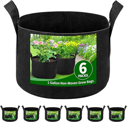 6 Pack 1 Gallon Grow Bags, Heavy Duty 300g Nonwoven Fabric Plant Pots with Reinforced Handles, Breathable Potato Grow Bags for Vegetables, Herbs, Seedlings - Black
