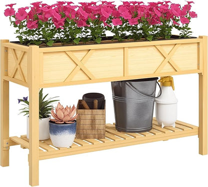 Outsunny Raised Garden Bed, Elevated Wood Planter Box with Storage Shelf, Drainage Holes, and Liner for Backyard, Patio, Balcony, 47 x 22 x 31.5 in, Natural
