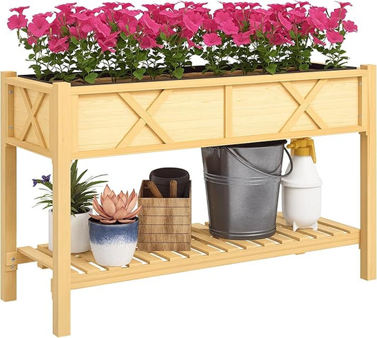 Outsunny Raised Garden Bed, Elevated Wood Planter Box with Storage Shelf, Drainage Holes, and Liner for Backyard, Patio, Balcony, 47 x 22 x 31.5 in, Natural