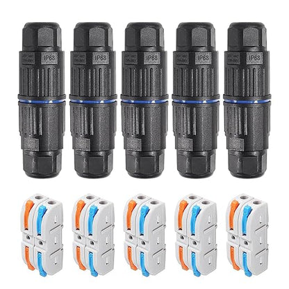 5PCS IP68 Waterproof Junction Box, Outdoor 2 Way Electrical Cable Connector, Replaceable Lever Wire Connectors for AWG 28-12, Quick Screwless Installation