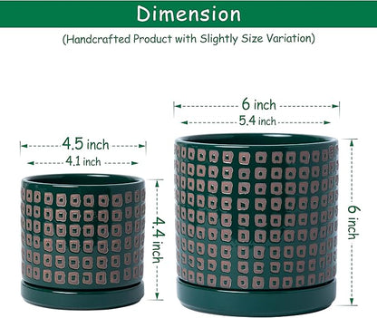 D'vine Dev Set of 2 Ceramic Planter Pots with Drainage Hole and Saucer, 4.5 Inch 6 Inch Plant Pots for Plants Indoor Houseplants, Green, 99-A-4