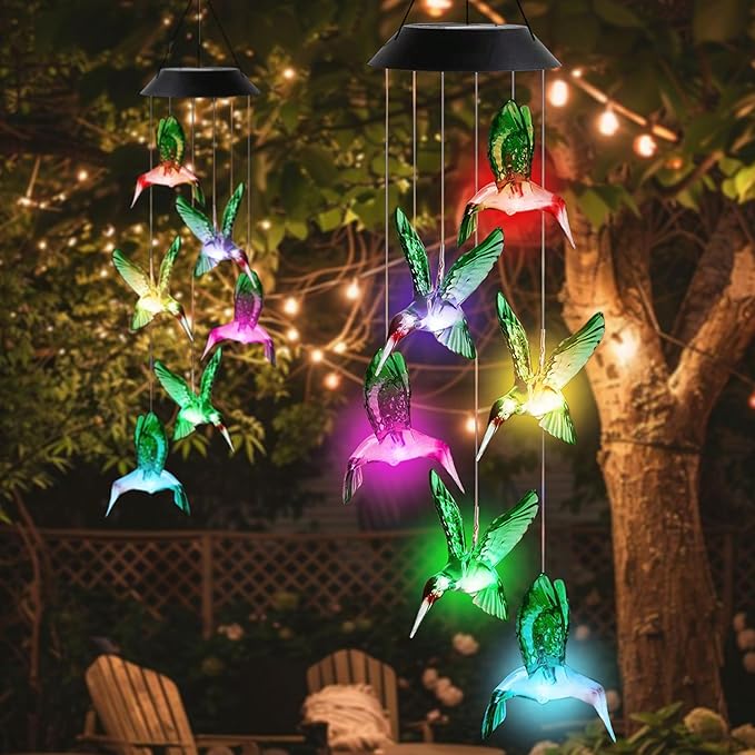 Solar Wind Chime,Hummingbird Solar Wind Chimes for Outside,Color Changing Solar Powered Wind Chimes for Outside,Outdoor Decorative Mobile Lights for Garden,Patio,Window