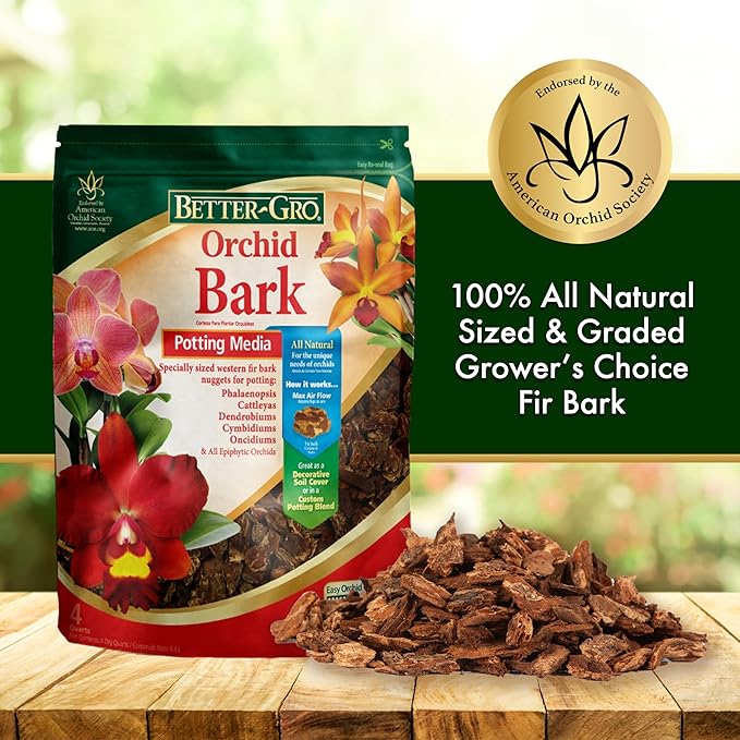 Better-Gro Orchid Bark-Premium Grade Orchid Potting Medium for Potting,Repotting,Root Development,and Water Retention,Ideal for Phalaenopsis,Epiphytic Orchids,and Tropical Plants-4 Quarts,(Pack of 2)