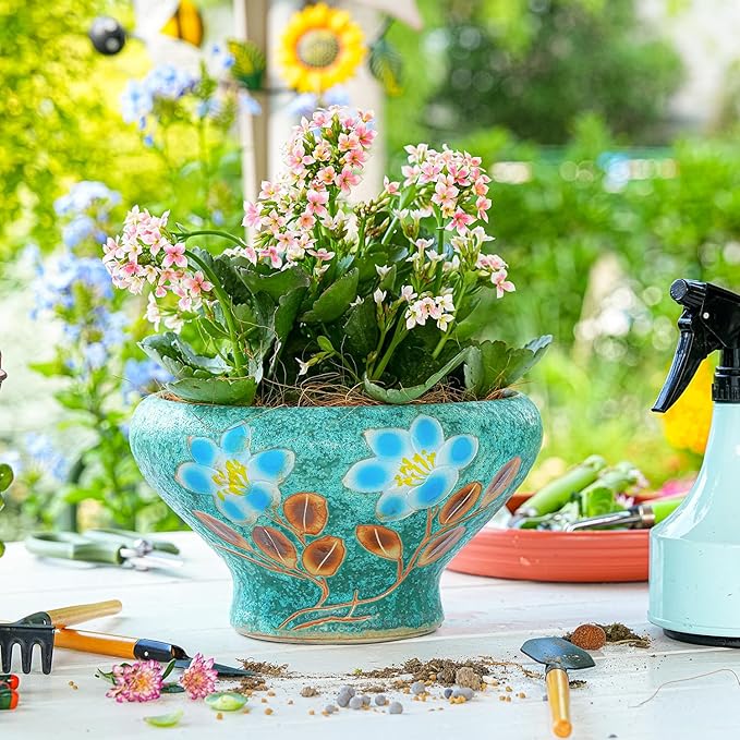 Sungmor 9.6 Inch Large Succulent Plant Pots, Pretty Hand Painted Ceramic Planter with Drainage, Indoor Outdoor Cactus Planter Bonsai Pot, Flower Pot for Indoor Plants Garden Windowsill Desktop Decor
