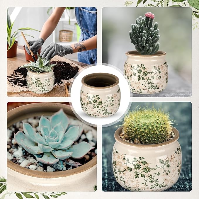7.7" Large Ceramic Plant Pot Beige Green Jasmine Vine Crackle Glaze Rustic Flowers Pot Decorative Planter with Drainage for Indoor Outdoor Plants Home Kitchen Office Decor Gift