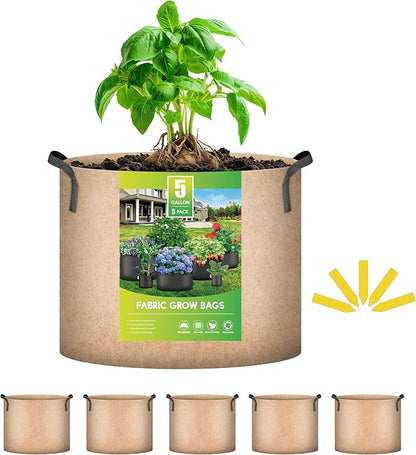 iPower 5-Pack 5 Gallon Plant Grow Bags Thickened Nonwoven Aeration Fabric Pots Heavy Duty Durable Container, Strap Handles for Garden, Tan