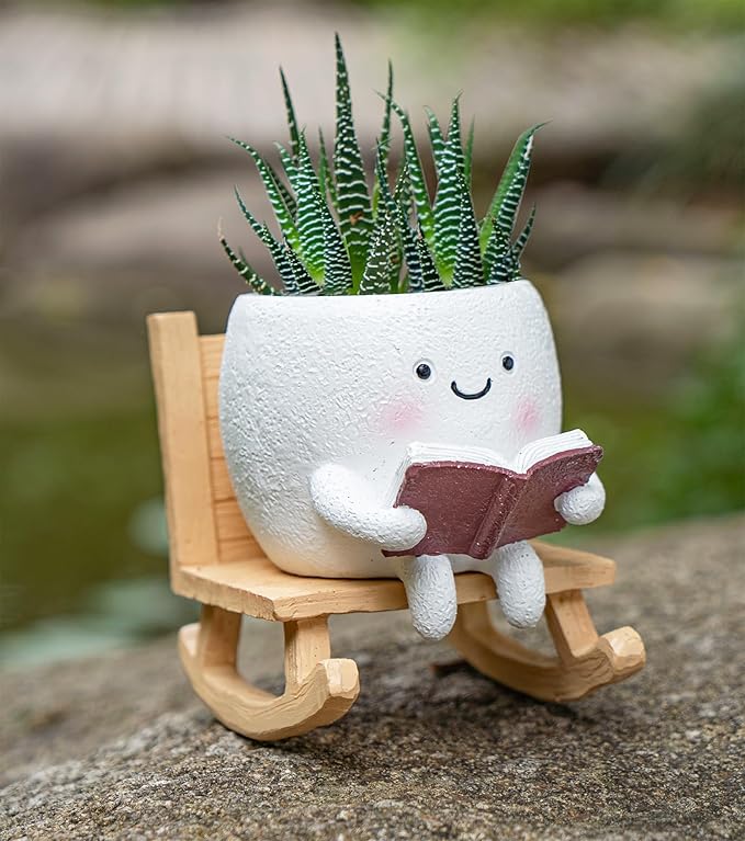 Rocking Chair Smily Face Planter with Drainage Hole, Cute Plant Pots for Indoor Outdoor Plants,Unique Funny Flower Pot for Succulents,Gift for Mother's Day, Birthday, Christmas(White)