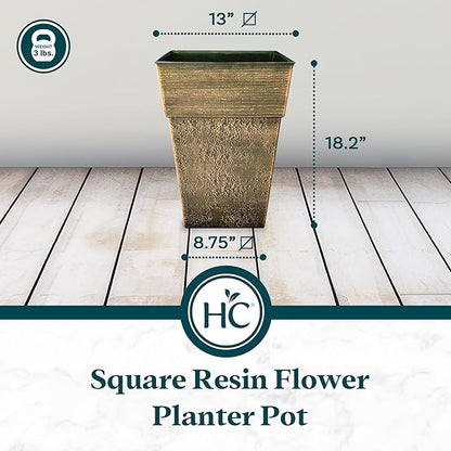 The HC Companies 18 Inch Avino Tall Square Planter - Decorative Indoor Outdoor Plant Pot for Front Porch, Deck, Patio and Home, Celtic Bronze