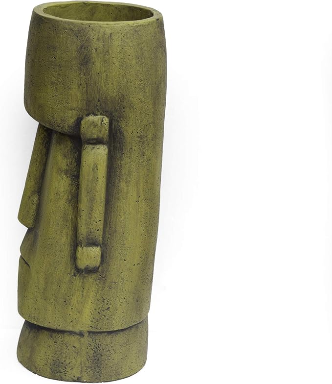Christopher Knight Home Jorine Lightweight Concrete Planter, Cast Stone Planter, Moai Design Urn, Tall Plant Pot, Easter Island Garden Pot with Drainage Hole for Backyard Hall Garden, Antique Green