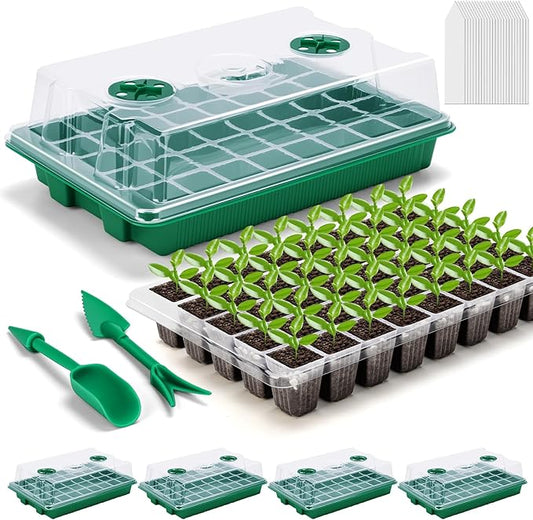 5 Pcks Seed Starter Tray 200 Cells Seed Starter Kit with Humidity Dome, Seed StartingTrays for Seed Seedling Planting Starter, Mini Greenhouse Plant Germination Trays（Green）
