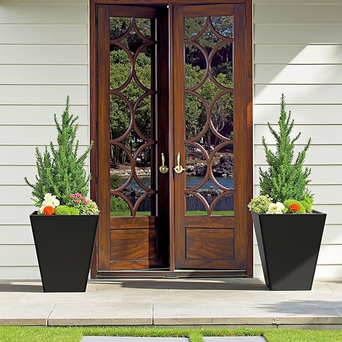 14 Inch Black Tall Planters for Outdoor Plants, Large Metal Taper Plant Pot with Drainage Hole for Garden Patio Front Door