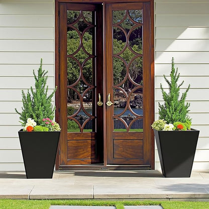 14 Inch Black Tall Planters for Outdoor Plants, Large Metal Taper Plant Pot with Drainage Hole for Garden Patio Front Door