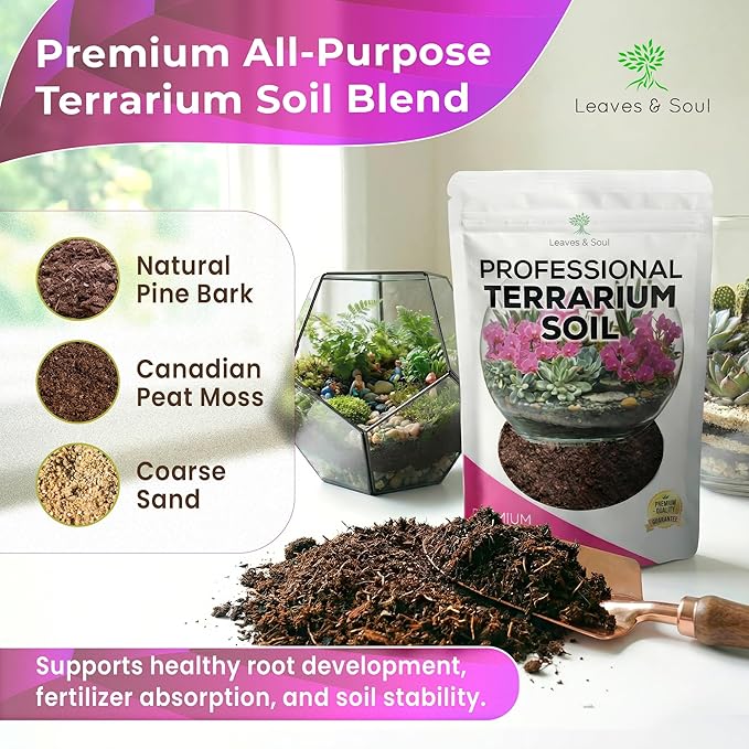Professional Terrarium Soil | Premium Bedding for Live Succulents, Cacti and Aloe Plants | Large 2.2 Quarts | Ready to Use | Pine Bark, Peat, Course Sand | Made in USA