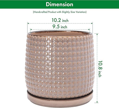 D'vine Dev 10 Inch Ceramic Beaded Stoneware Planter Pot - Flower Pot with Drainage Holes and Saucers for Indoor Succulent Plants or Flowers, Light Brown, 27-C-P-4