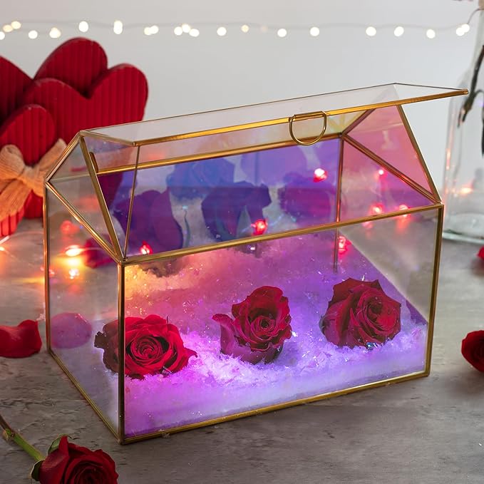 D'Eco Iridescent Glass House Centerpiece (10x6x8) - Table Planter Terrarium - Valentine's Day Home Decor & Wedding Letterbox - Fill with Succulents, Moss, Roses & Chocolates - Valentines Gift for Her