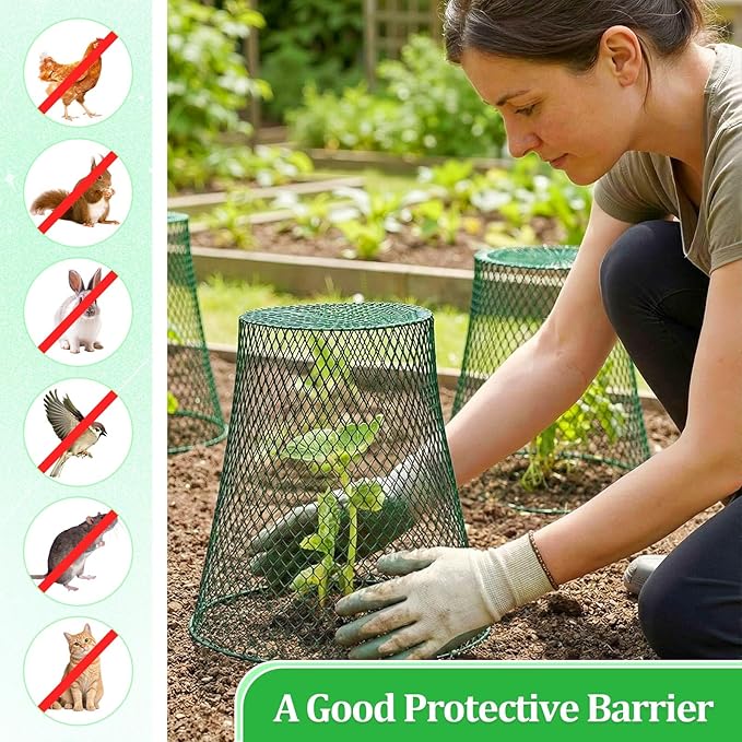 Therwen 15 Pcs Large Chicken Wire Cloche Plant Protector Cover 11x12 Inch Metal Garden Cloche Dome for Plants Wire Protection Basket with Garden Stakes Plant Cages from Animals (Green)