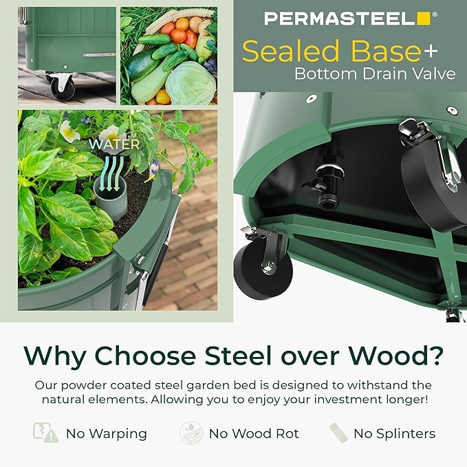 Permasteel Self-Watering Garden Bed, Rolling Planter for Vegetables, Flowers, Herbs, and Fruit, Outdoor Indoor, Caster Wheels, Sage