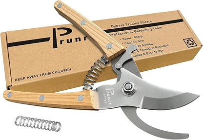 Pruning Shears for Gardening - 7.5" Hand Pruners with High Carbon Steel Blade, 5/8" Cutting Capacity, Ergonomic Wood-Inlaid Steel Handles, Safety Lock & a Spring Included - Garden Clippers